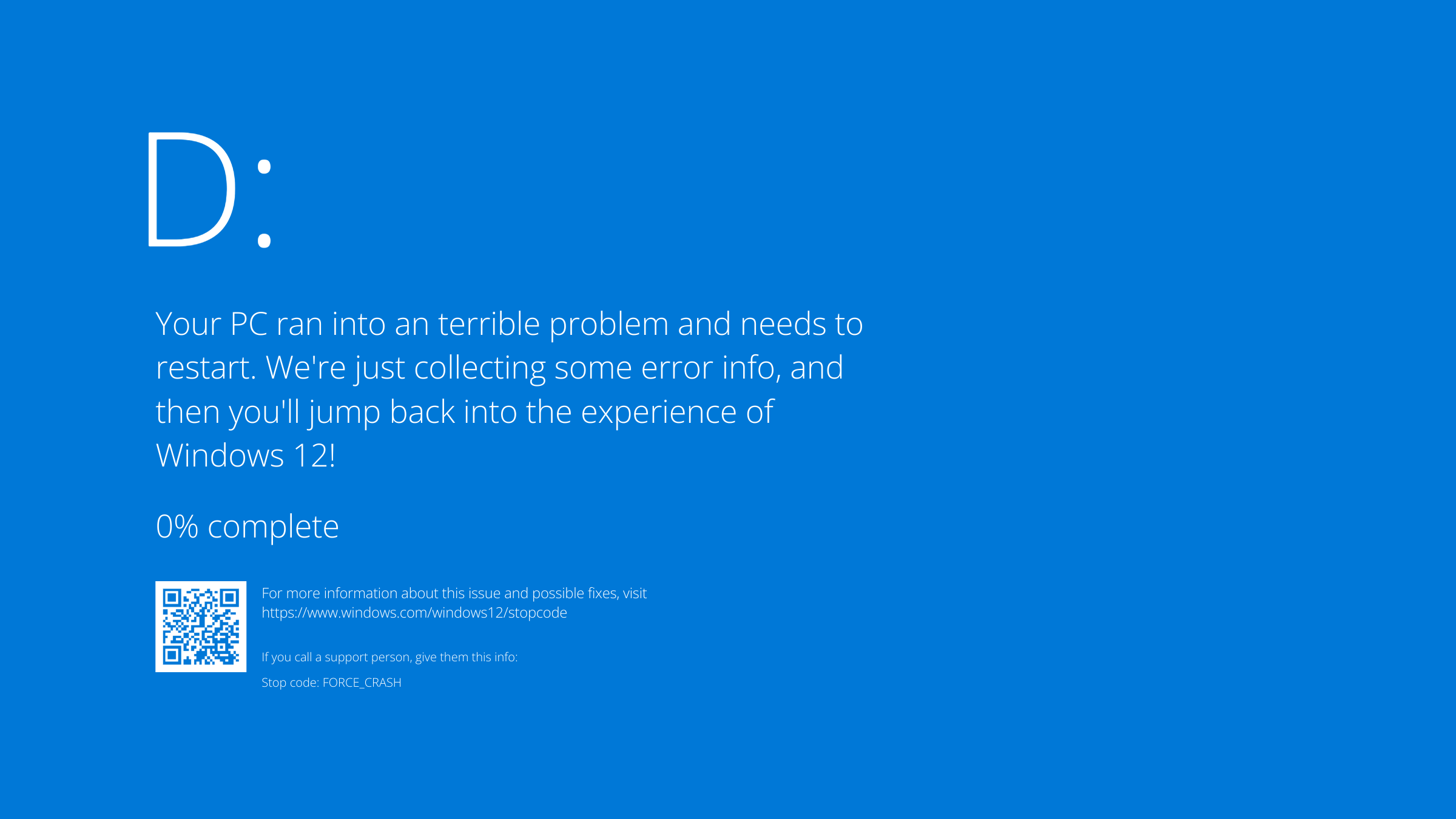 Windows 12 blue screen of death showing error message and progress bar at 0%